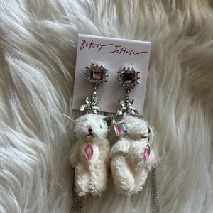 Betsey Johnson Cream Teddy Drop Earrings with Pink Crystal Accents